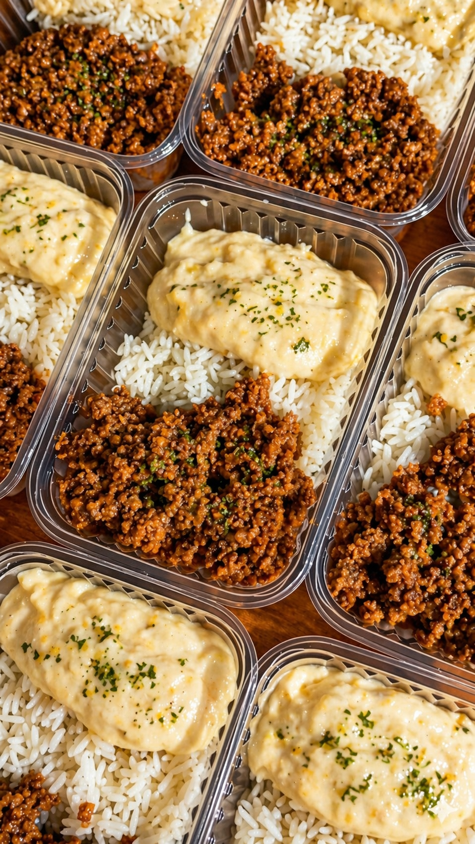 Arroz, feijão carioca e carne moída ao molho
